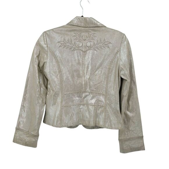 WHBM Metallic Gold Western Genuine Leather Bolero Jacket 6 Patch Work Embossed - Picture 12 of 15